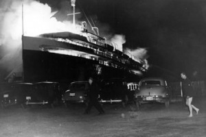 View of the fire on the SS Noronic, 16 Sept 1949 (photo by Gilbert A. Milne, Archives of Ontario/C-59-3-0-17-1).